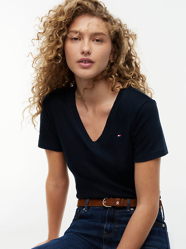 Flag Embroidery Slim V-Neck T-Shirt