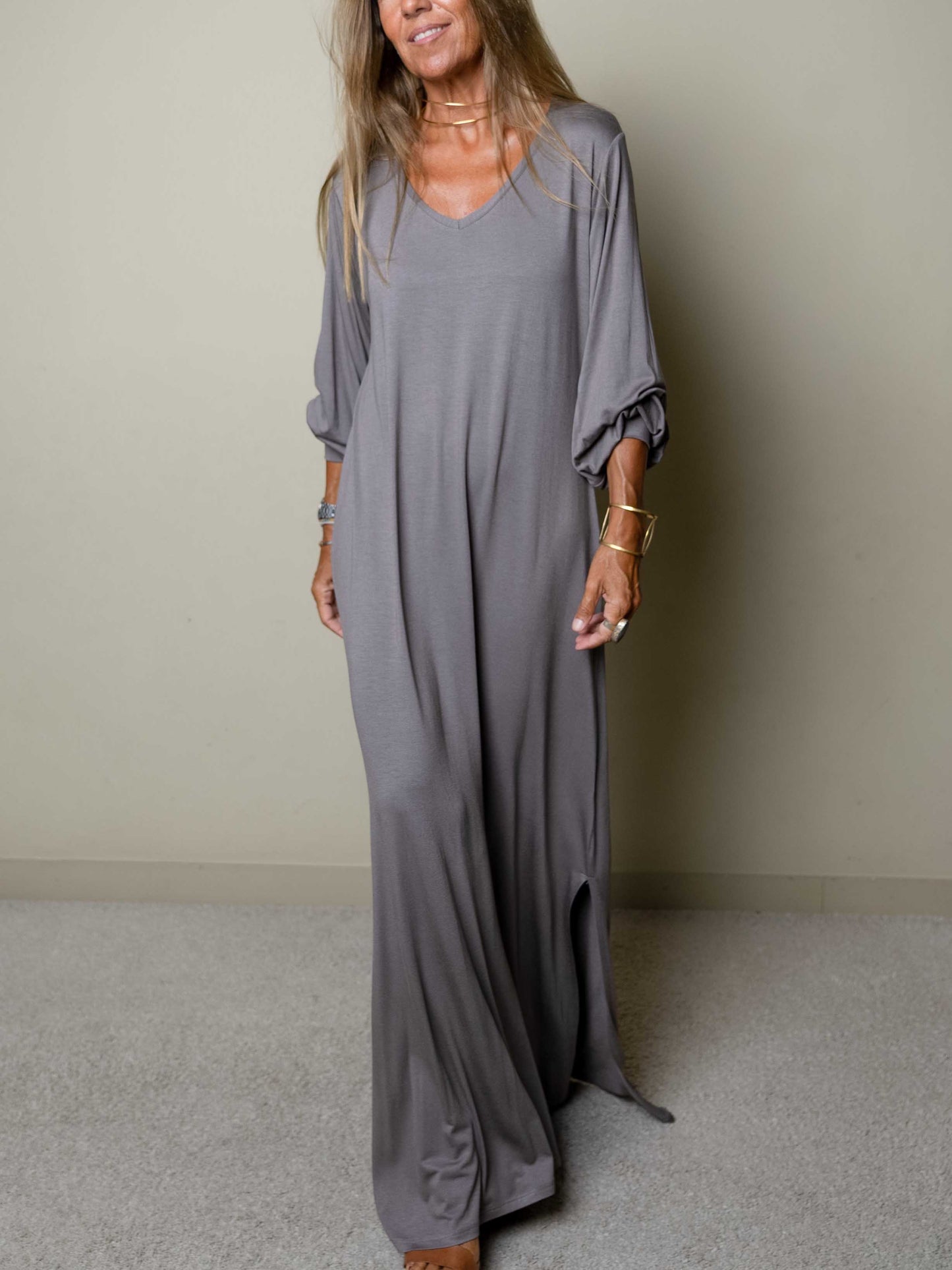 Robe longue décontractée pour femme à col en V