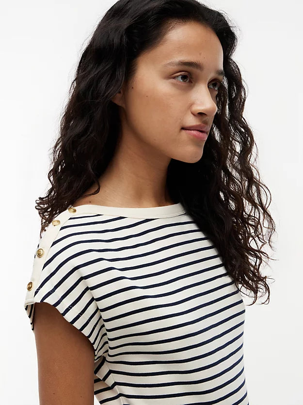 Gold-Tone Button Boat Neck T-Shirt