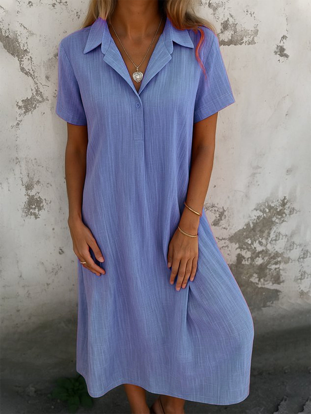 Damen schlichtes Kurzarm-Sommerkleid, Hemdkragen, täglich, Freizeit, Maxi A-Linien-Kleid (2 kaufen, kostenloser Versand)