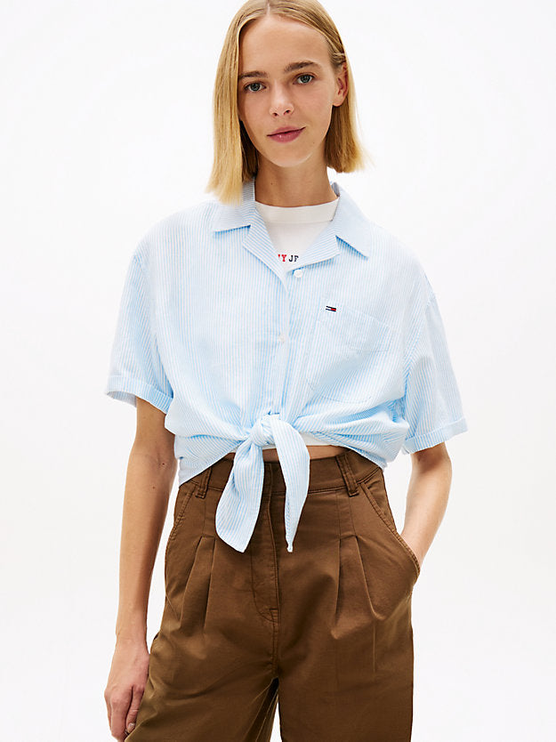 Relaxed Fit Linen Blend Tie Front Shirt