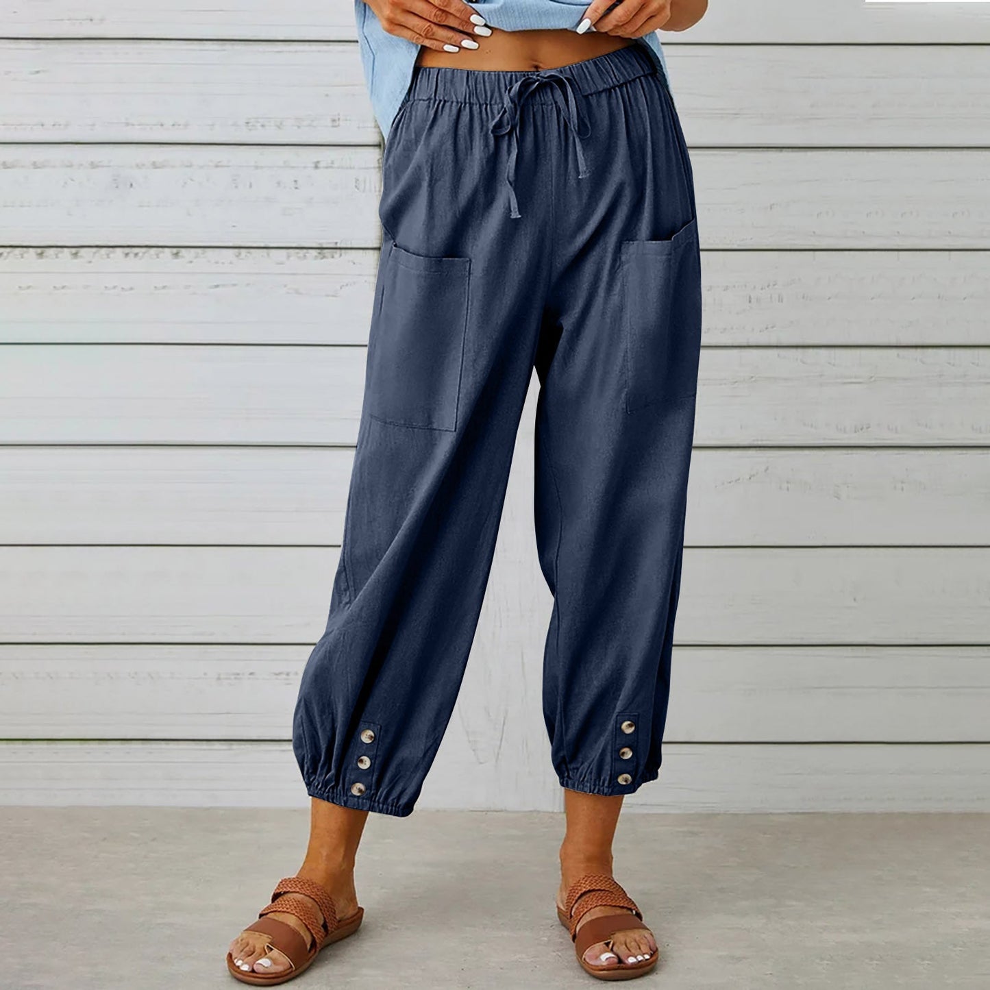 Damenhosen High-Waist-Hose mit Knopfleiste aus Baumwolle und Hanf Dreiviertelhose weites Bein