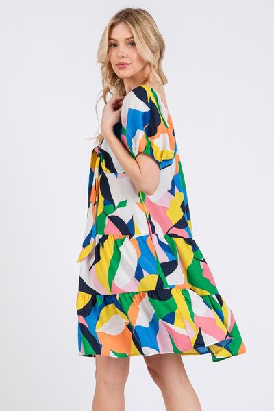 Robe Ces Femme à col en cœur, manches bouffantes et imprimé abstrait