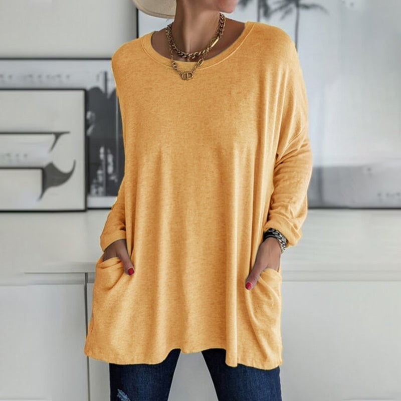 🔥VENTE FLASH -49 % DE RÉDUCTION-T-shirt uni à manches longues et col rond avec poches