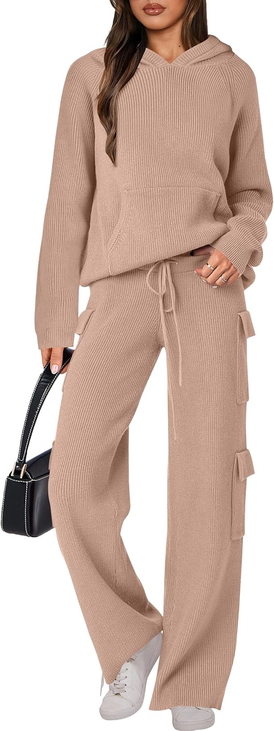 🎄 Destockage de Noël 🔥 Ensembles deux pièces femme : pull tricoté à capuche et pantalon droit décontracté