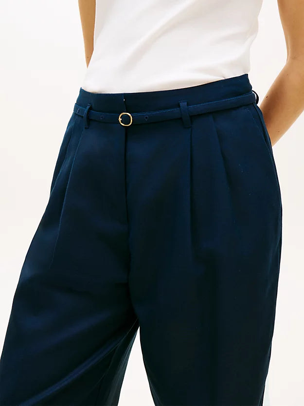Linen Blend Belted Wide Leg Trousers