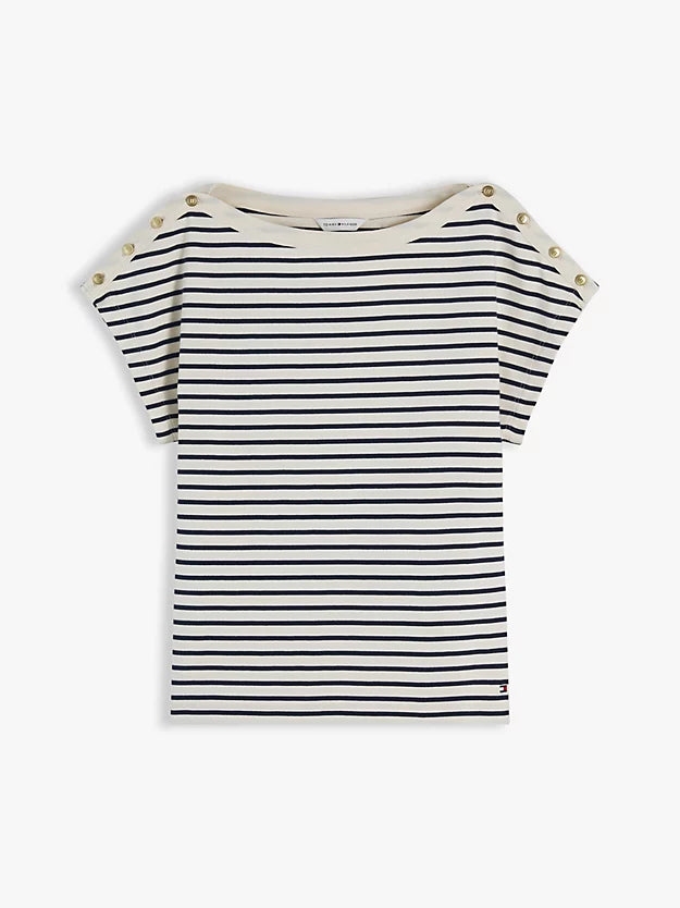 Gold-Tone Button Boat Neck T-Shirt