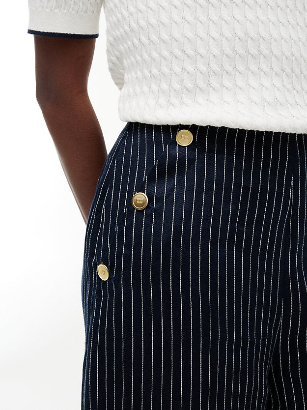 Pinstripe Gold-Tone Button Wide Leg Trousers WiLinen