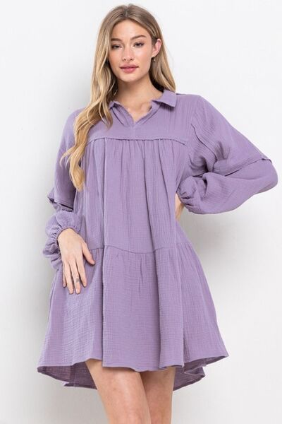 Ces Femme Johnny Collar Ballonärmel Minikleid
