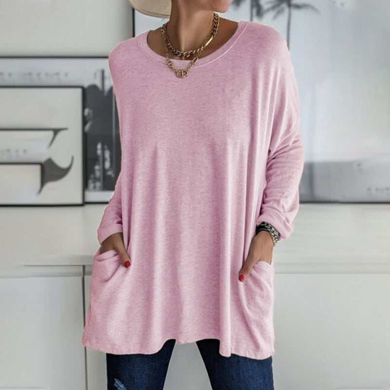 🔥VENTE FLASH -49 % DE RÉDUCTION-T-shirt uni à manches longues et col rond avec poches
