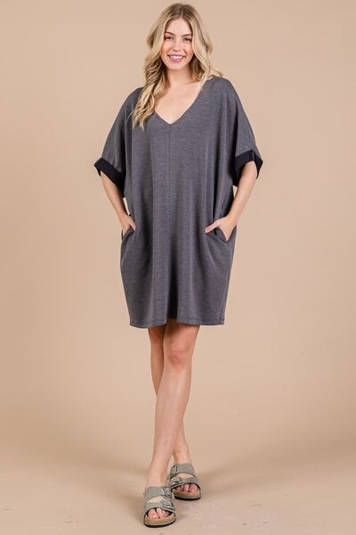 Ces Femme V-Ausschnitt Halbarmkleid