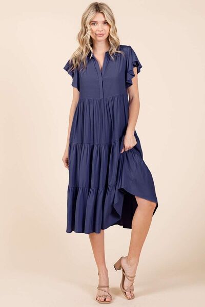 Robe midi étagée à col en V, manches volantées Mittoshop