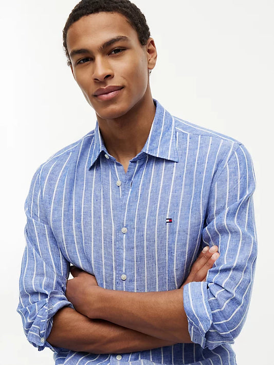 Regular Fit Textured Stripe Pure Linen Shirt