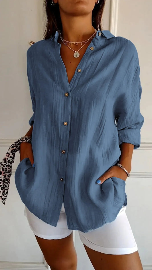 🌷Chemise classique plissée texturée à revers et simple boutonnage pour femme