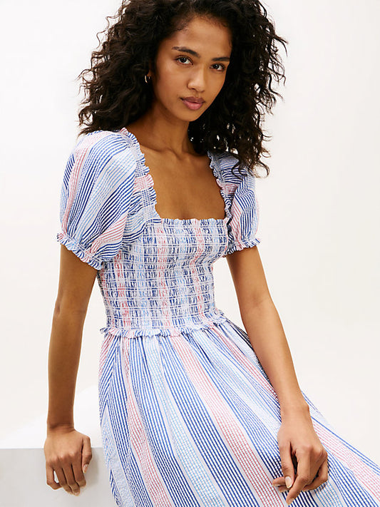 Seersucker Stripe Short Sleeve Midi Dress