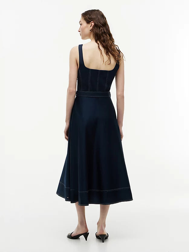 Topstitch Square Neck Belted Midi Dress
