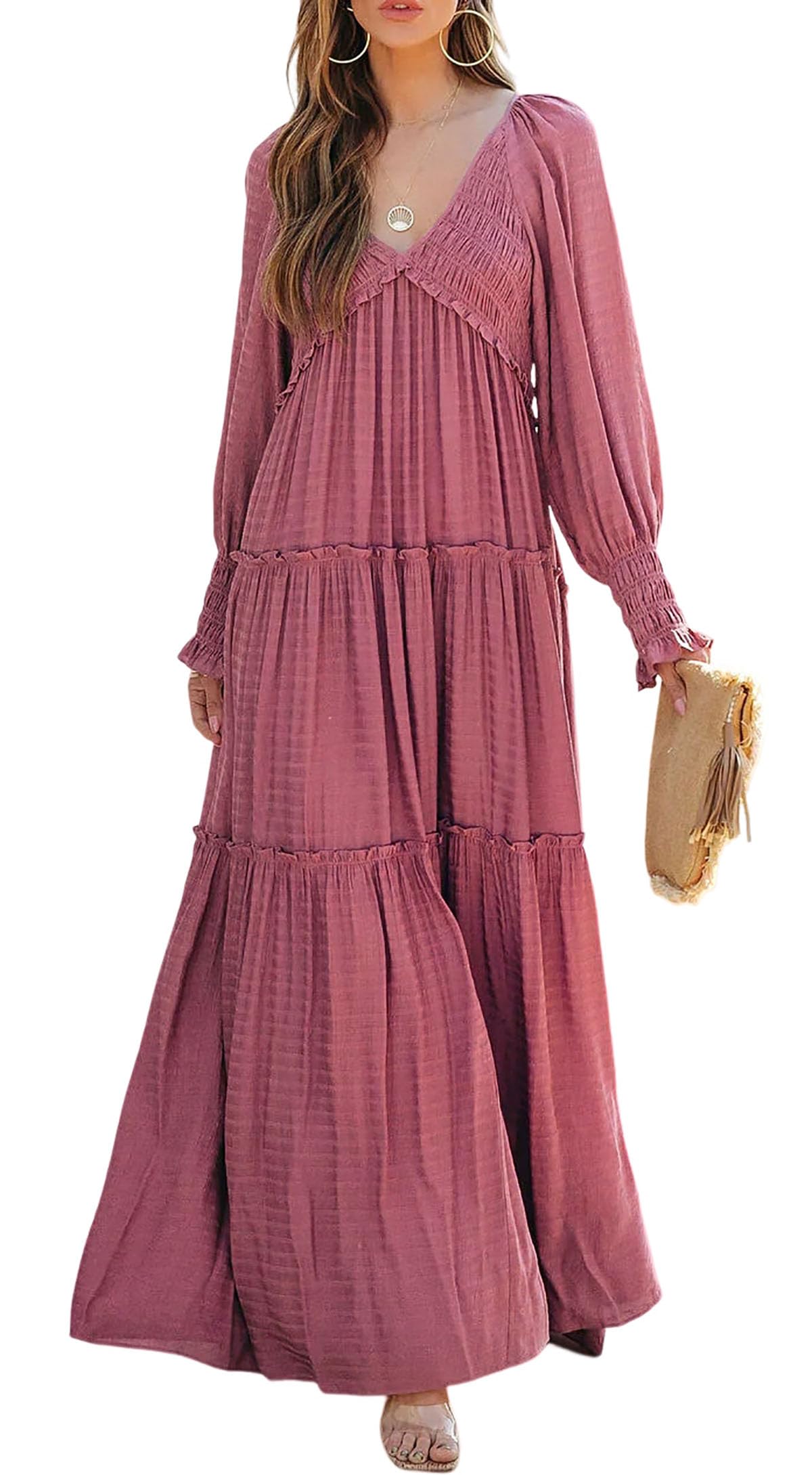 Robes longues amples bohèmes à col en V et manches longues pour femmes (achetez-en 2, livraison gratuite)