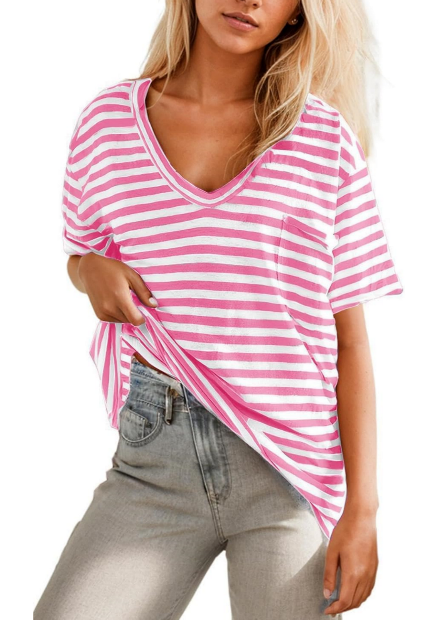 T-shirt Rayé Col V Profond Femme (3 achetés = livraison gratuite)