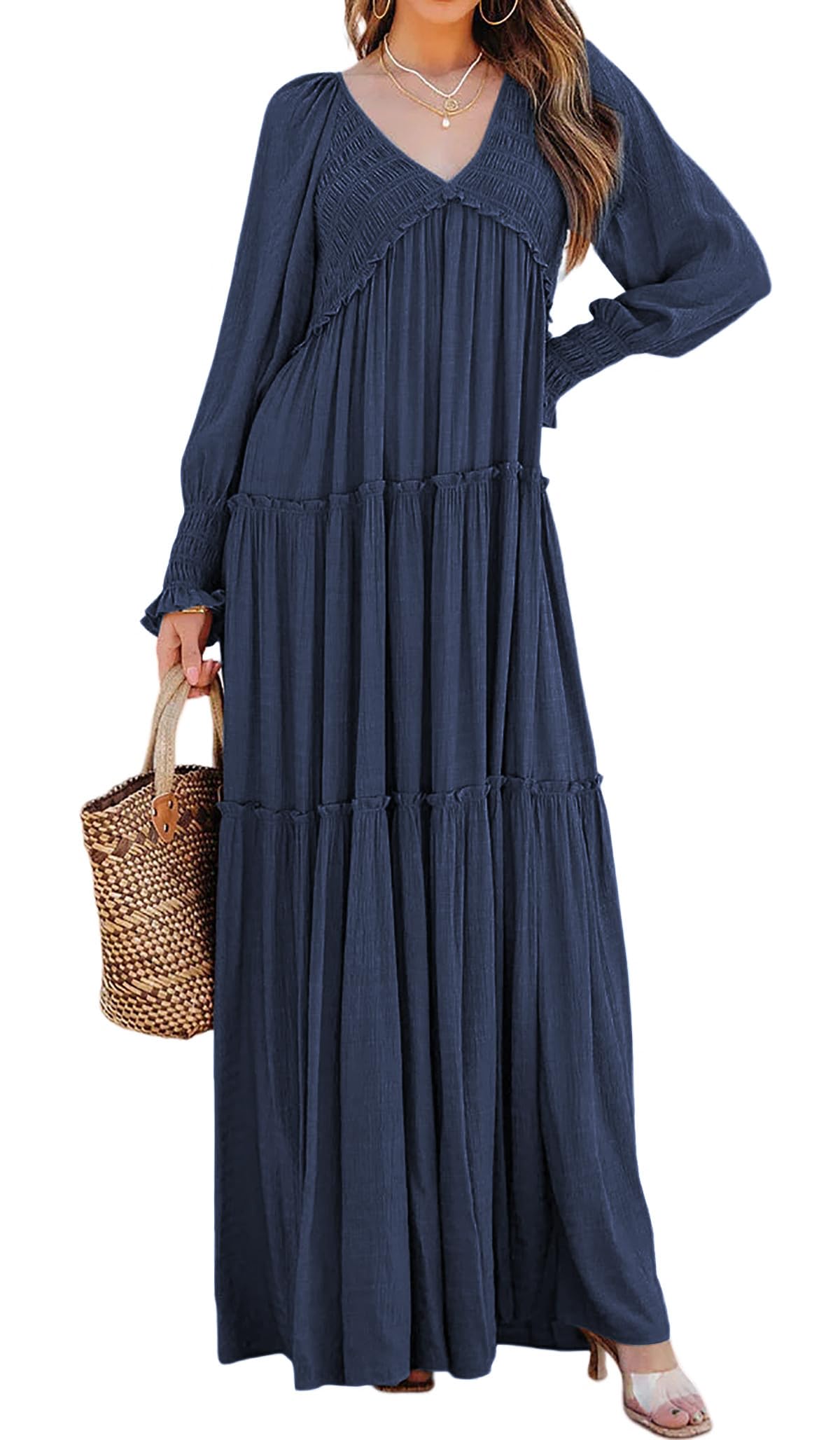 Robes longues amples bohèmes à col en V et manches longues pour femmes (achetez-en 2, livraison gratuite)