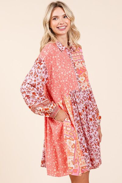 Mittoshop Langärmeliges Hemdkleid mit Blumendetail und Knopfleiste