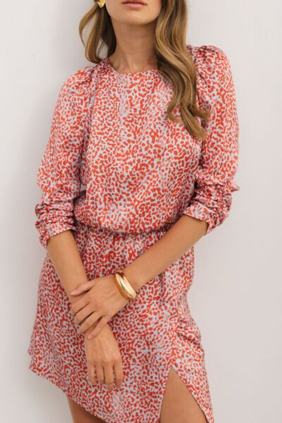 Robe Courte Imprimée à Encolure Ronde et Liens Fendue