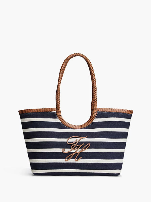 Stripe Textured Logo Tote Bag
