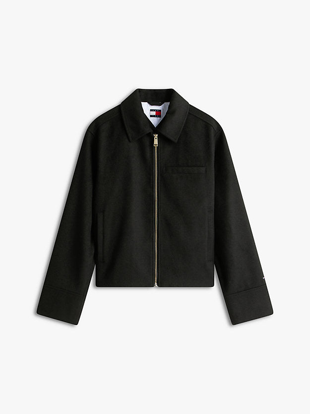 Collared Zip-Thru Wool Blend Twill Jacket
