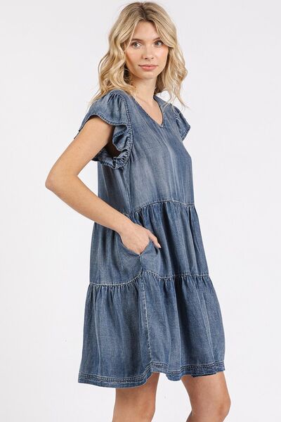 Mini-robe à col en V à volants et manches courtes Mittoshop