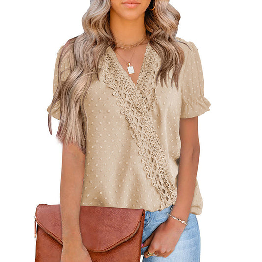 Chemise Chiffon Balle Dentelle Col V Manches Courtes