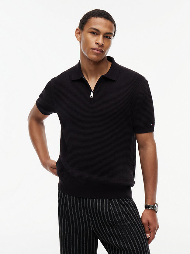 Regular Fit Textured Knit Zip Polo Shirt