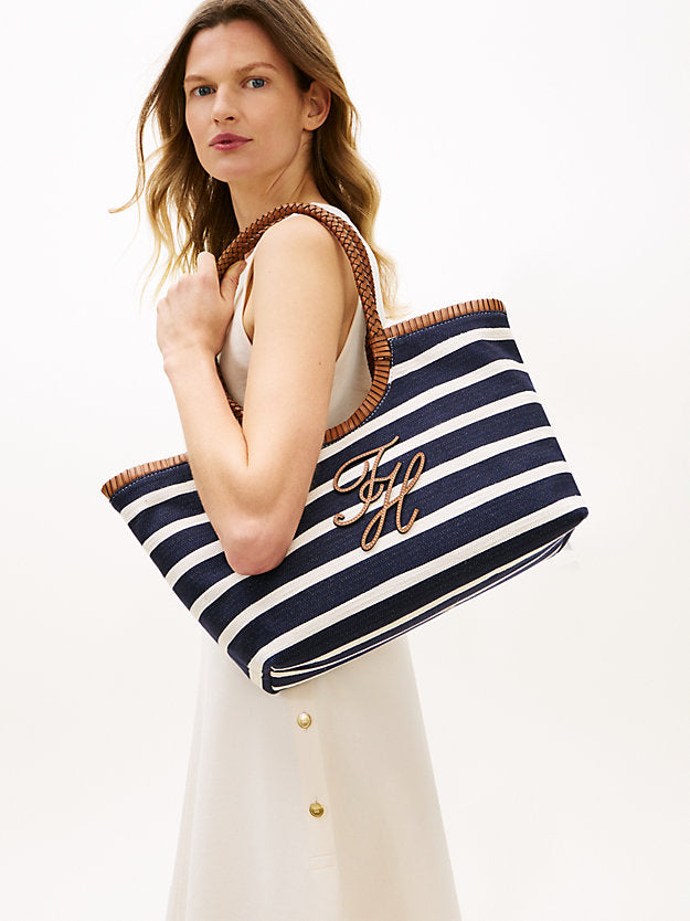 Stripe Textured Logo Tote Bag