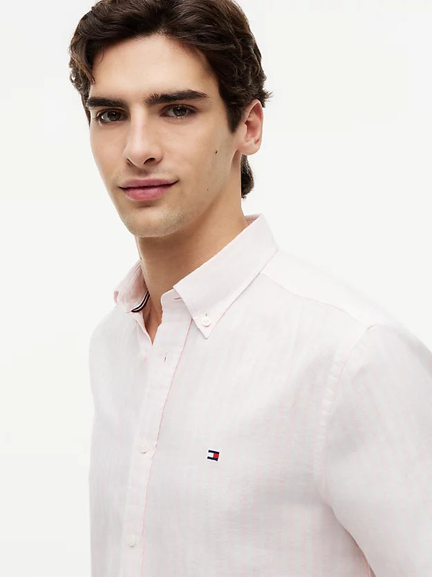 Regular Linen Blend Bengal Stripe Short Sleeve Shirt