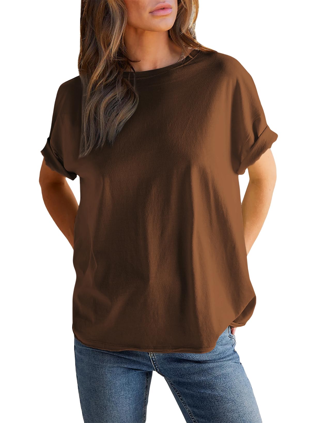 T-shirt Femme Col Rond Manches Courtes Couleur Unie (Achetez 2 pour la livraison gratuite)