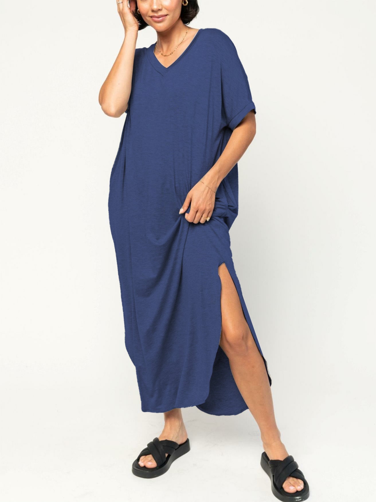 Robe T-shirt ample à col en V fendu pour femme (2 achetées = livraison gratuite)