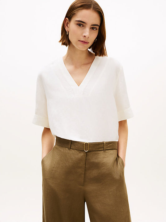 Relaxed Fit Linen Blend Short Sleeve Blouse