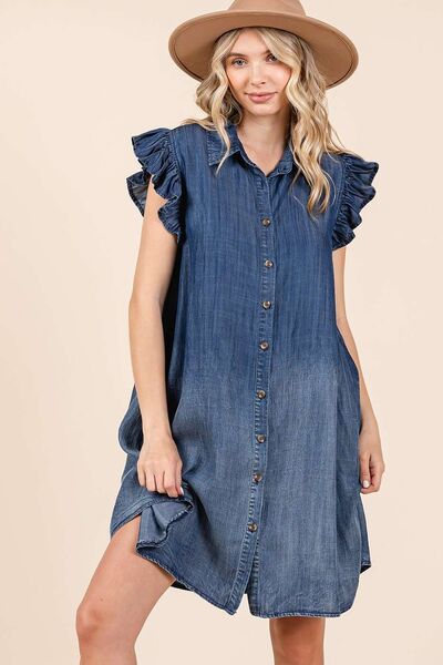 Mittoshop Minikleid mit Rüschenärmeln aus gewaschenem Chambray und Knopfleiste