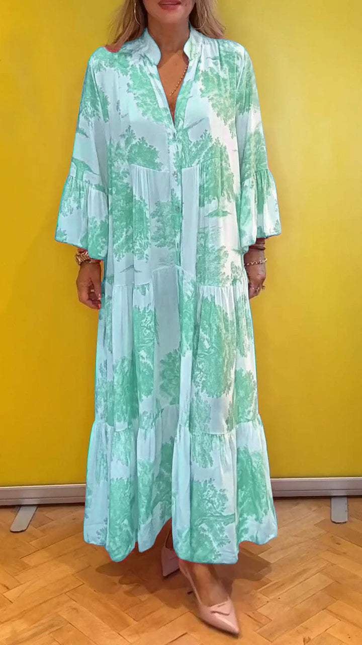 Damen-Sommerkleid mit V-Ausschnitt und Waldmuster Maxikleid