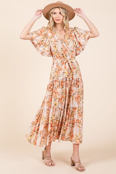 Mittoshop Geblümtes Kleid mit Bindegürtel und Stufenrock