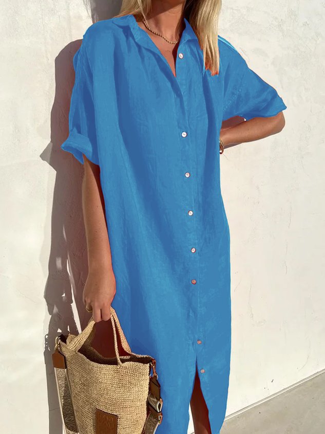 Robe Femme Ample Décontractée Élégante Manches Mi-longues Boutonnée en Coton Lin