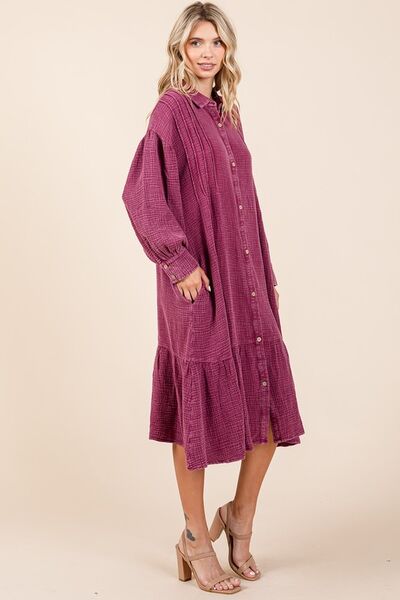 Robe chemise midi en gaze de coton lavée aux minéraux à volants Mittoshop