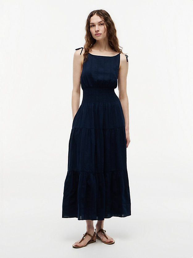 Self-Tie Strap Smock Midi Dress
