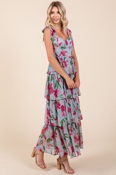 Mittoshop Layered Floral Sweetheart Neck Maxikleid