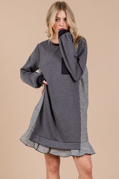 Robe sweat molletonnée Ces Femme à col rond, rayée et patchwork