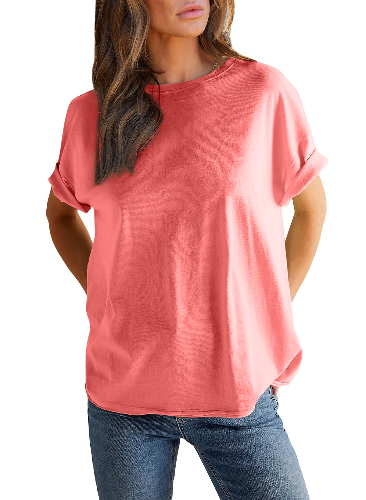 T-shirt Femme Col Rond Manches Courtes Couleur Unie (Achetez 2 pour la livraison gratuite)