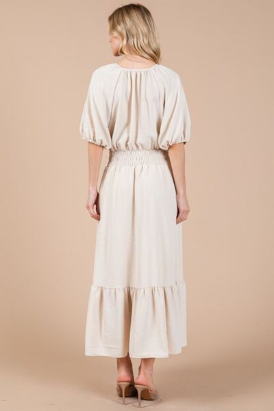 Ces Femme Gesmoktes Kleid mit elastischem Bund, Bindekragen und Puffärmeln