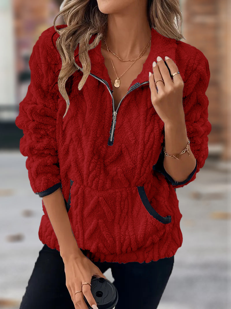 🎄Weihnachts-SALE🔥 2024 Damen Jacke mit Revers, halbem Reißverschluss und Plüschtasche