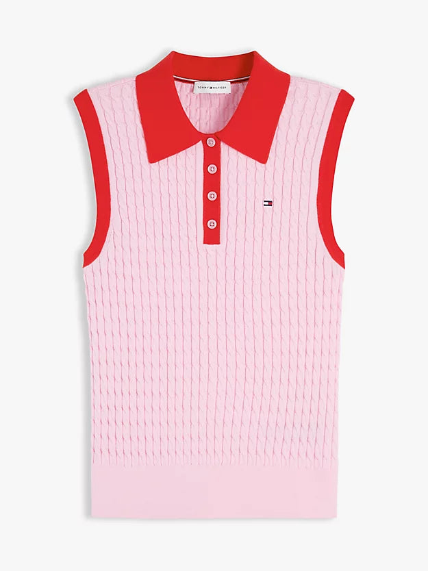 Cable Knit Slim Sleeveless Polo Jumper