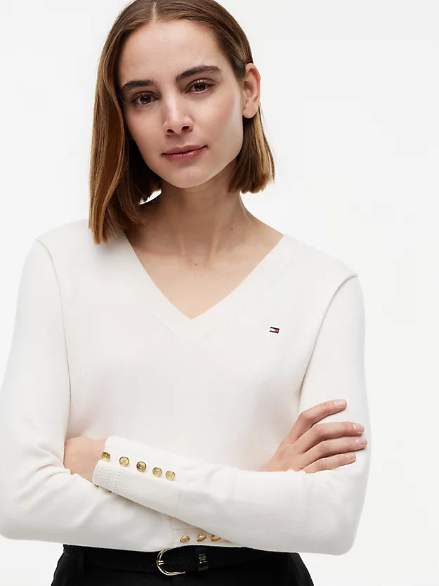 Gold-Tone Button Cuff V-Neck Jumper