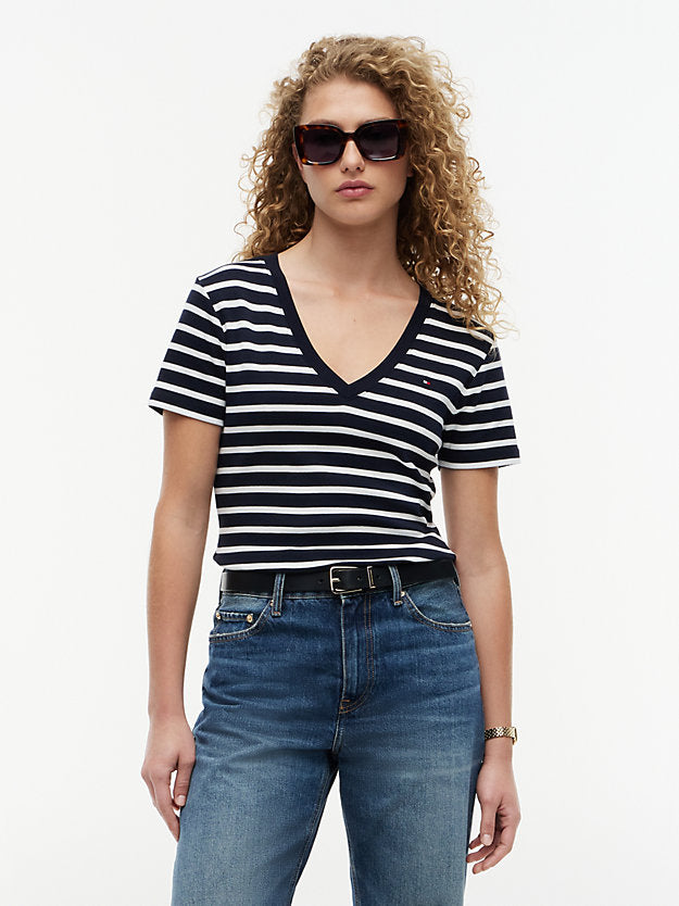 Flag Embroidery Slim V-Neck T-Shirt
