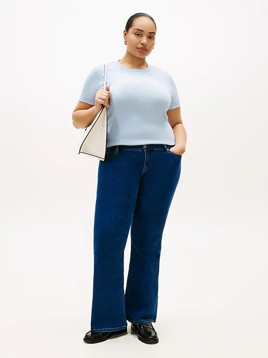Curve Flag Embroidery Crew Neck Slim T-Shirt